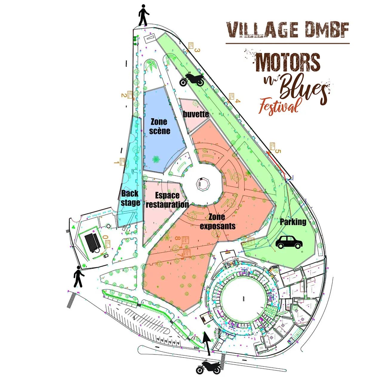Plan du village Motors n' Blues dans le parc des arènes de Dax.